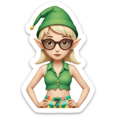 elf female legolas portrait, patterned board shorts (geometric/abstract), unique wooden-framed sunglasses, undercut hairstyle, slight smirk, visible pointy ears, no background, centered emoji, hipster summer vibe coctails with summer hat sticker