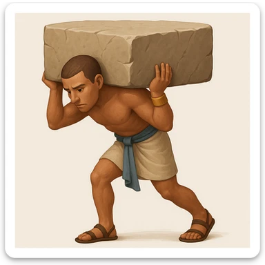 Create another fullbody ancient Egyptian worker, no fancy hat, carrying a large rock block on their back, in a realistic pose. The style should resemble emoji style with simple and concise features. sticker