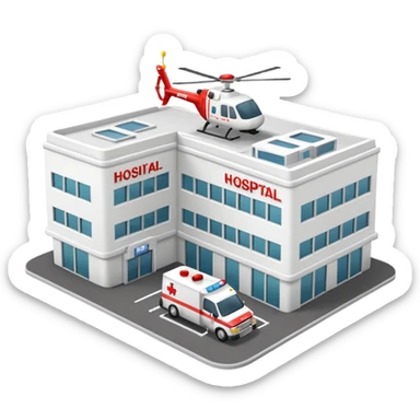 3d hospital outside, with text hospital, ambulance, helicopter , no background sticker
