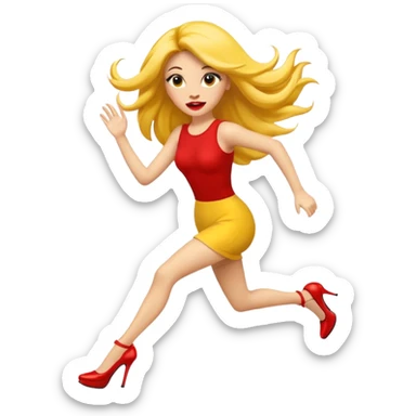 circular yellow traditional emoji with long fake lashes, big red lips, long hair, hovering feet in heels, running to the left sticker