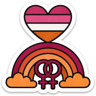 Make the rainbow design more explicitly lesbian by using the official lesbian pride flag colors (dark orange, orange, light orange, white, pink, dusty pink, dark rose). Add subtle lesbian symbols like double venus or interlocked female signs. Keep it bold and vibrant, no text, with no background. sticker