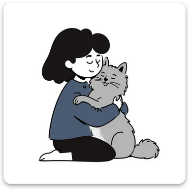 Brunette girl with dark blue sweatshirt snuggling a fluffy grey Siberian cat sticker