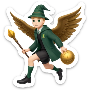 A muscular strong Slytherin student in final year without hat, sitting on a broomstick between his legs, chasing after a golden snitch sticker