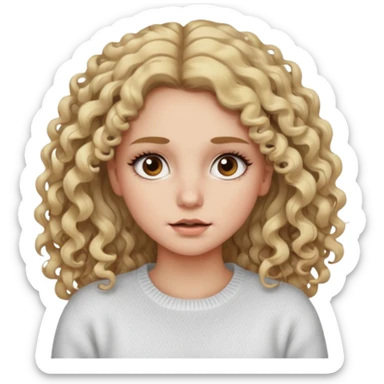 a dirty blonde girl with brown eyes and make her wearing a white sweater with curly hair and white skin color, long hair and big lashes sticker