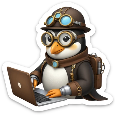 an steampunk engineer penguin writing code on a laptop sticker