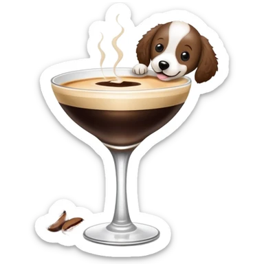 An espresso martini with three coffee beans and a doodle dog sticker