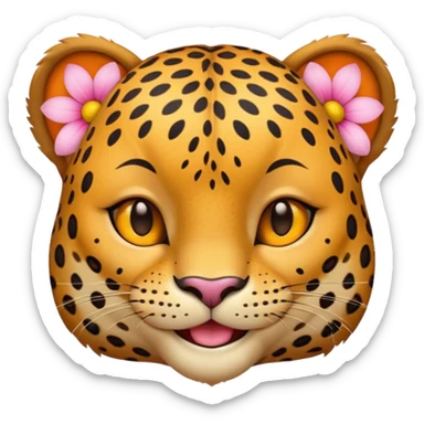 A leopard with smile and mouth closed, A pink flower with a yellow center is tucked behind its right ear
 sticker