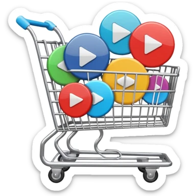 shopping cart with multiple round video play buttons, a mix of #DEEB52 and #102C3D sticker