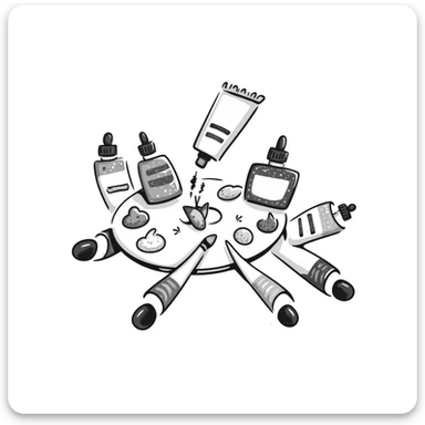 A set of artist's paints with tubes and a watercolor palette in pastel colors (dd9fb0, ffc6d3, a3bfc9, c4bee2, f1b091), hand-drawn doodle style sticker