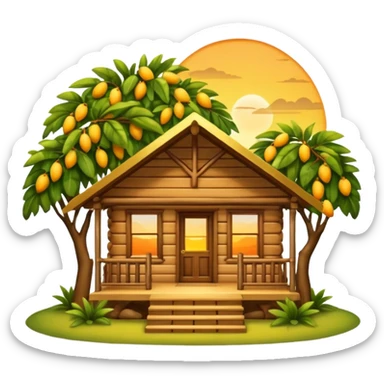 Warm wooden cabin with front porch under a mango tree branch, sunset sky in the background. Cozy, peaceful, emoji-style with soft edges and golden tones. sticker