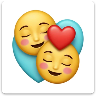 Apple emoji aesthetic: yellow emoji with closed eyes, gentle smile, soft gradient shading, flat cyan background, one red heart at top right, two shiny chocolate pieces instead of other hearts, realistic, glossy, rounded, clean, digital, smooth sticker