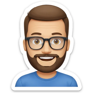 portrait of adult man, wearing a t-shirt, square glasses, grinning face sticker