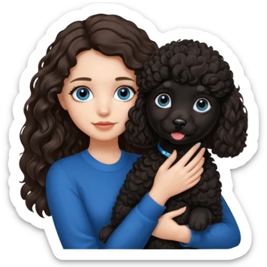 Brunette girl with long wavy hair and blue eyes holding one black puppy poodle with black fur and brown eyes. No decoration on the dog.  sticker