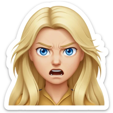 Cinematic realistic blonde with long hair, blue eyes gets angry sticker