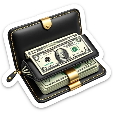 Rich emoji style black leather wallet with dollar bills, luxury money vibe, premium 3D emoji, ultra clean, high detail, no background sticker