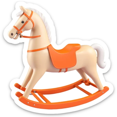 rocking horse, 3D, plain wood, clean lines, Hermès orange detail, minimal design, no text sticker