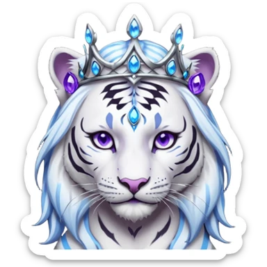 ESO Female white/black tiger khajiit leader of the umbral rose, glowing blue eyes, glowing blue 'third eye' gem; silver crown/tiara with purple gems  sticker