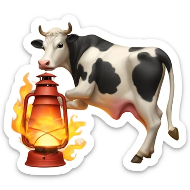 Cow kicking over a lantern staring a fire sticker