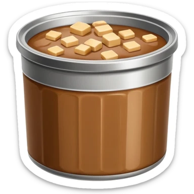 open metal can filled with soft moist chunks or smooth pâté in natural brown tones, slightly glossy gelatinous surface, clean edge, no label, no pet, spoon, or bowl, just the open can and contents, apple emoji style, soft lighting, subtle shadows, transparent background, emoji scale sticker