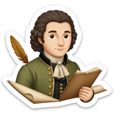 Rousseau with quill and parchment, 18th-century attire, friendly face sticker