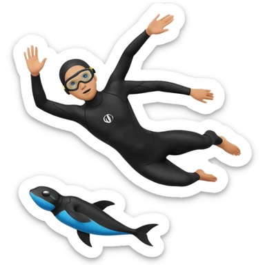 freediver in a black wetsuit, swimming downward, black fins and goggles, simple sticker