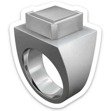 A heavy, masculine signet ring made of brushed platinum. The flat surface is blank, highly polished chrome, acting as a mirror. The design is architectural and severe, with sharp geometric edges. 3D isometric render. sticker