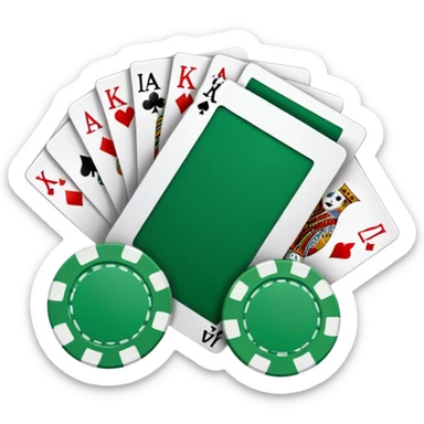 A photorealistic icon featuring playing cards and a stack of poker chips on a green felt table. Bright, detailed design with realistic textures and lighting. Transparent background, clearly symbolizing card games and strategy. sticker