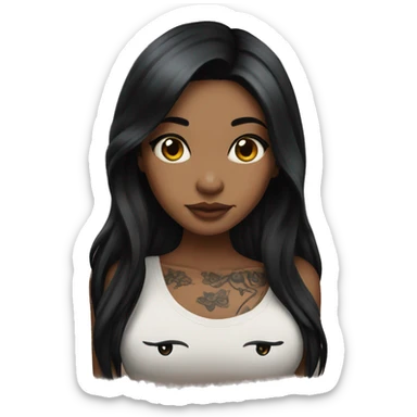 beautiful girl with tattoos, with long black hair and medium skin  , with black kitty sticker
