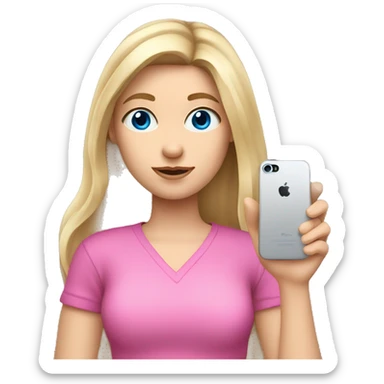 a blue eyed white dark blond hair girl wearing a pink shirt holding an iphone  sticker