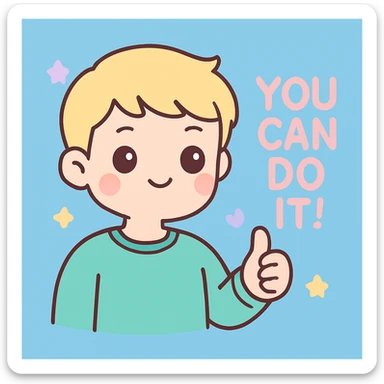 Add a blue background behind a young blond man with short hair, giving encouragement, maintaining the kawaii style of the image. sticker