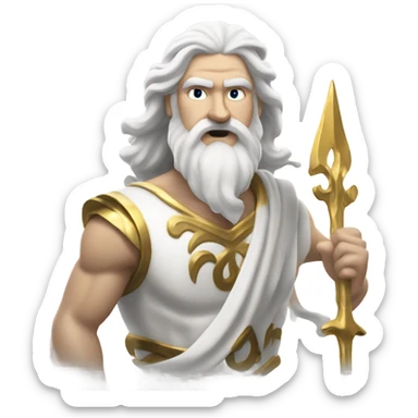 white man Poseidon with gold trident. long white hair white dress. black soot on face sticker
