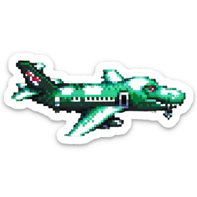 airplane with crocodile head as nose, side view, pixel art style sticker