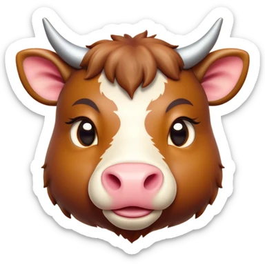 Cinematic Cute Domestic Ox Portrait Emoji, Head tilted playfully and inquisitively, with a robust, compact build and a polished hide adorned with subtle natural patterns, round, sparkling eyes full of gentle curiosity, Simplified yet irresistibly adorable features, highly detailed, glowing with a warm, friendly glow, high shine, affectionate and grounded, stylized with a touch of rustic charm, soft glowing outline, capturing the essence of a mischievous yet loving ox that feels like it could amble out of the screen into your arms! sticker