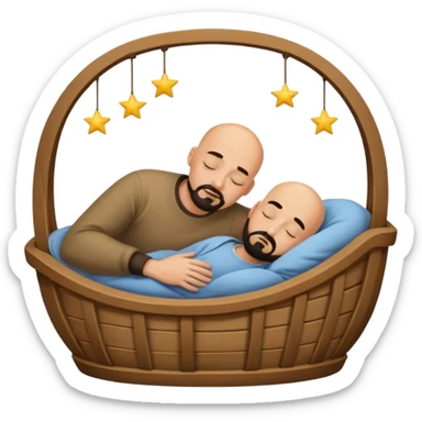 a bald, tan man who has a black goatee sleeping in a cradle sticker