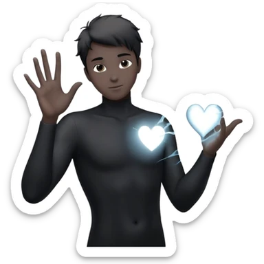 youthful male silhouette with glowing heart spark and flowing energy at fingertips, minimalist black or silver with soft dynamic motion sticker