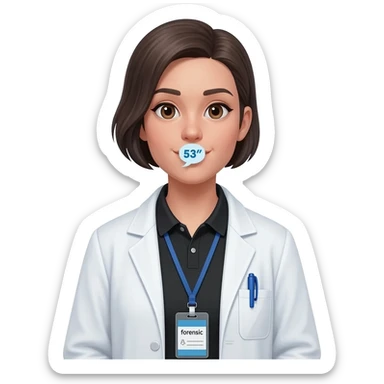 Hacer un emoji con bata, que se alcance a ver una bolígrafo azul en la bata, una polo color negro y un gafete colgando que diga forense, la cara que sea androgena un poco femenina, cabello corto peinado, que de su boca salga un globo de hablar que diga 53 sticker