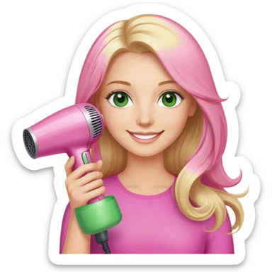 blonde with long hair and green eyes, holding a pink Dyson hair dryer, smiling sticker