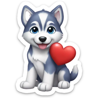husky puppy holding heart sticker