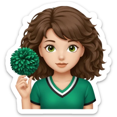 A pretty girl, her eyes is blue, her hair is brown long wavy hair, and wear green Hawkins cheerleader uniform and hold pompom sticker