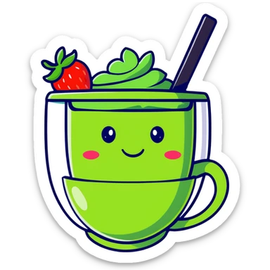 cute cartoon strawberry green tea in a cup with a smiling face sticker