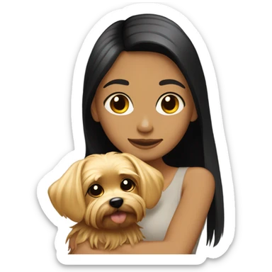 Tan girl with black straight hair hugging a blonde Yorkie  sticker