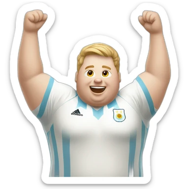 Short hair, obese white man jumping. argentina team uniform. Hands up sticker