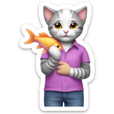 A gray and white kitten wearing a pink and purple shirt is holding a fish sticker