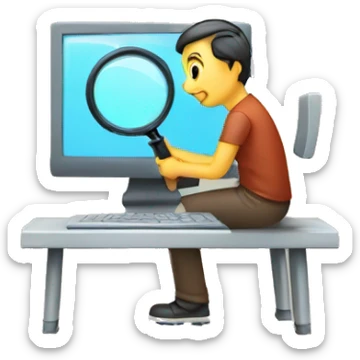 man using magnifying glass to read a computer monitor sticker