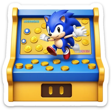 An icon showing a retro arcade screen with pixelated characters like a speedy hedgehog Sonic jumping and collecting coins. The game environment includes obstacles, power-ups, and vibrant colors, evoking the excitement and nostalgia of classic arcade games. transparent background. sticker