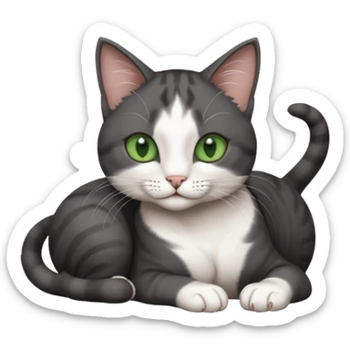 beautiful female solid dark grey cat with green eyes, white toes/paws and white patch on her chest rolling over sticker