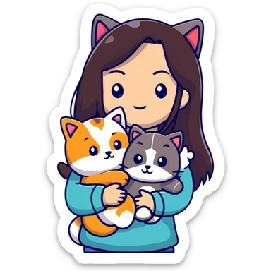 Woman with long dark hair holding pets: teddy bear, dog, and cat sticker