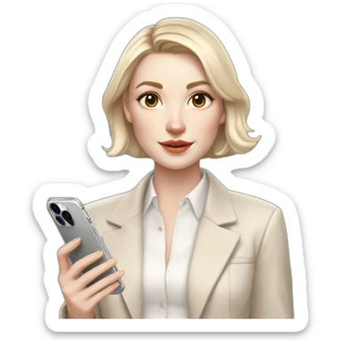 pale skin woman with ash blonde Straightened bob Hair, White Spacious classical jacket, beige palazzo Arrow pants and gray blouse holding white IPhone 14 pro in the hands sticker