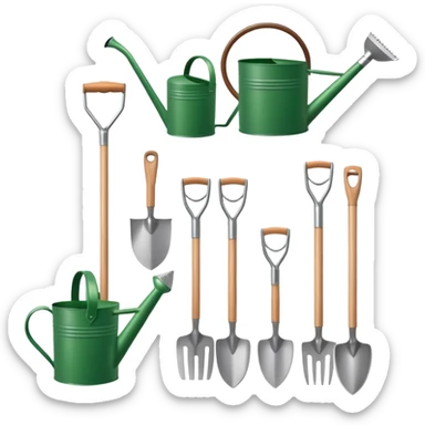 gardening tools collection with shovel rake watering can sticker