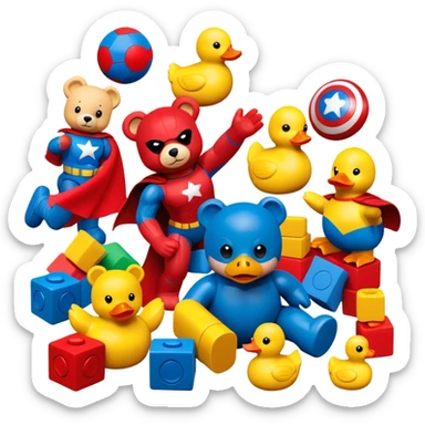 various colorful toys scattered together - teddy bear, rubber duck, toy blocks, ball, and action figures sticker